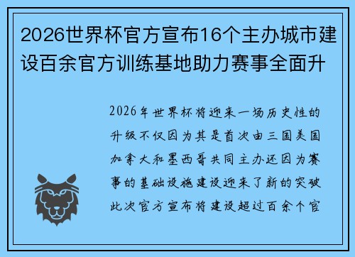 2026世界杯官方宣布16个主办城市建设百余官方训练基地助力赛事全面升级 ⚽ 2026世界杯官方宣布16个主办城市建设百余官方训练基地助力赛事全面升级 ⚽