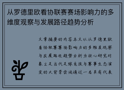 从罗德里欧看协联赛赛场影响力的多维度观察与发展路径趋势分析 从罗德里欧看协联赛赛场影响力的多维度观察与发展路径趋势分析